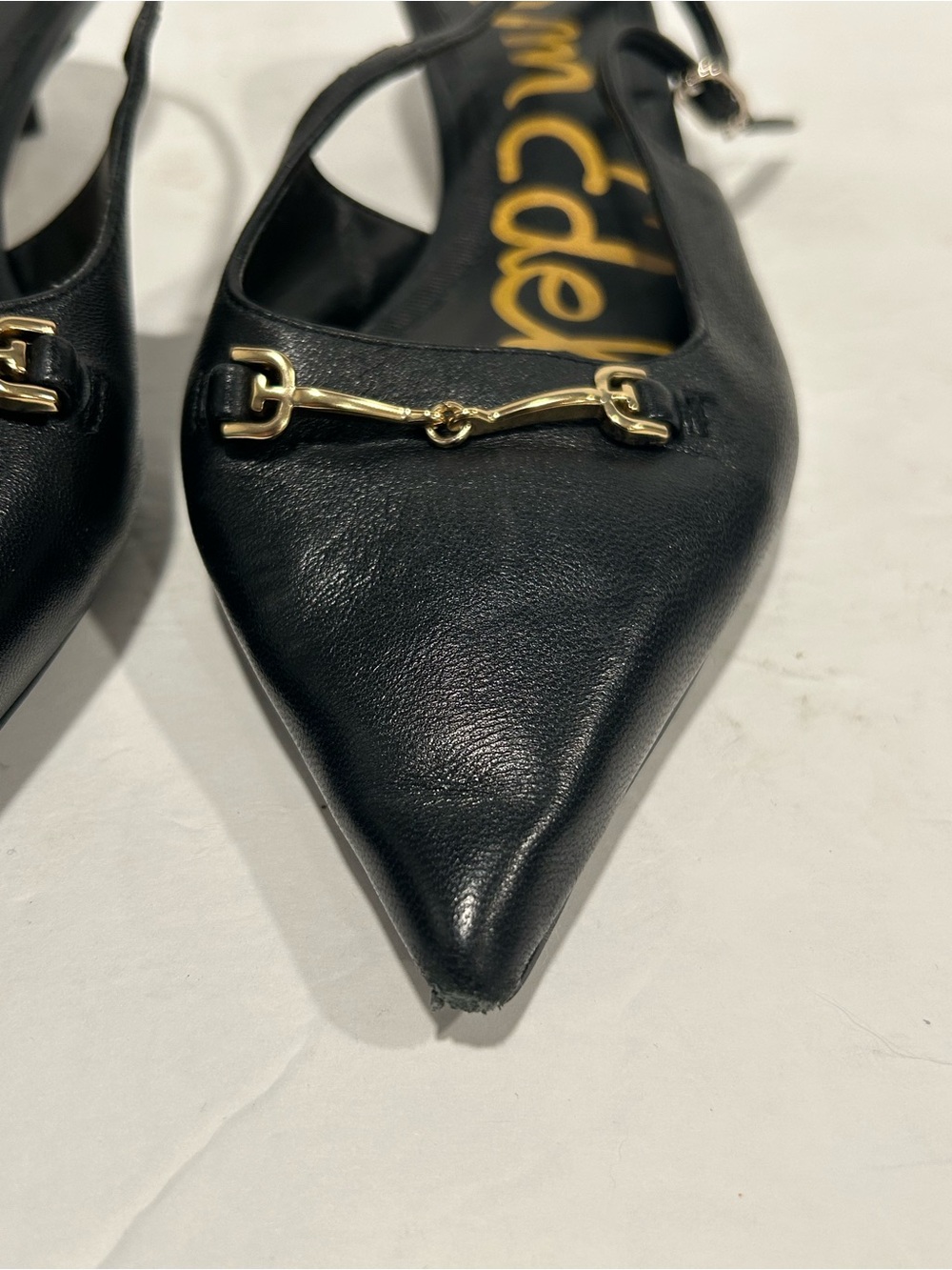Sam Edelman "Farrah" Black Leather Horsebit Slingback Kitten Heels - Size 6W - Picture 8 of 12